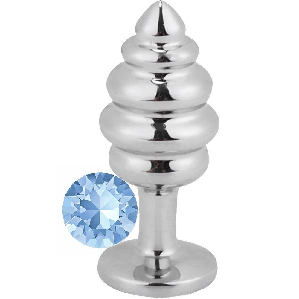Erox Silver Large Mavi Taşlı Boğumlu Anal Metal Plug