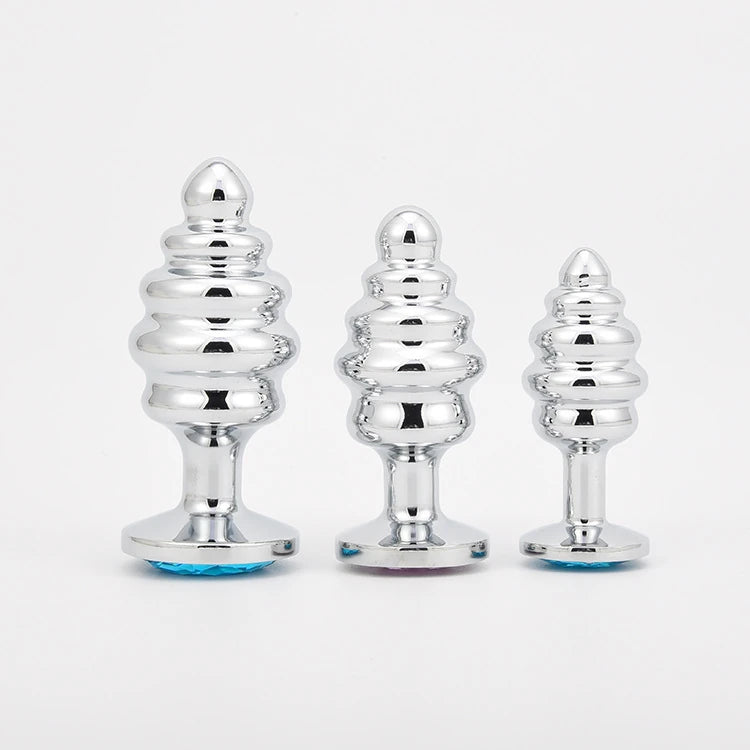 Erox The Anal Play Silver Ribbed Mor Taşlı Boğumlu Metal Anal Plug-Large