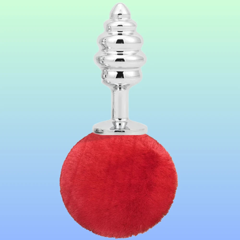 Erox The Anal Fantasy Ribbed Peluşlu Boğumlu Metal Anal Plug-Red