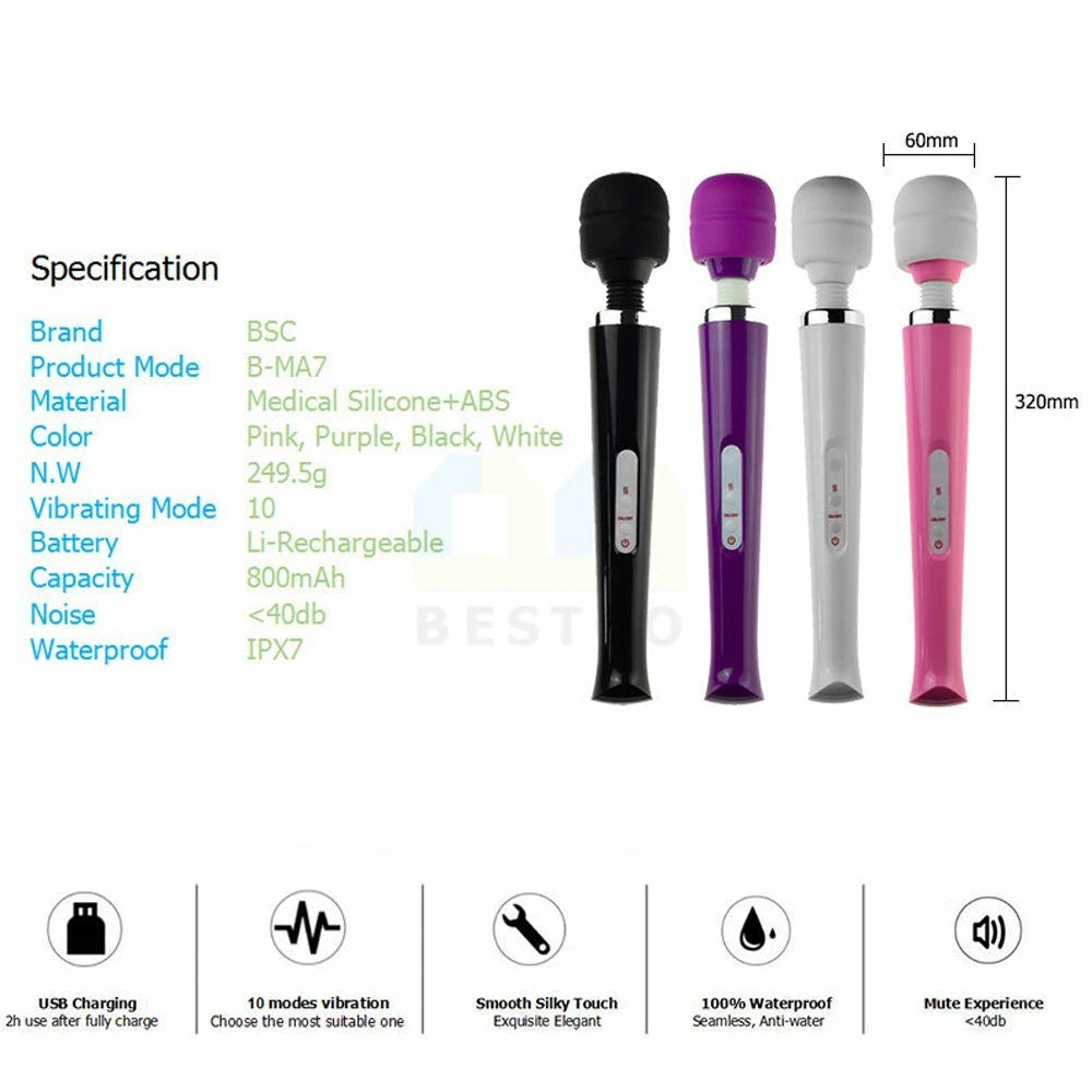 Erox Magic Massager Black Profesyonel 10 Modlu Güçlü Masaj Aleti