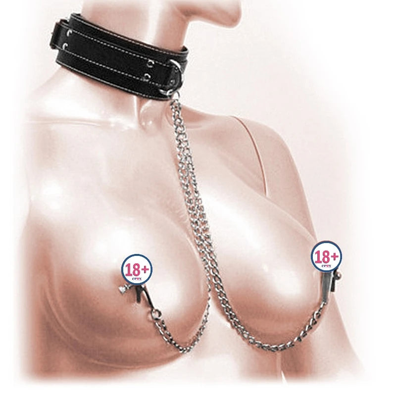 Erox Fetish Fantasy Series Collar With Nipple Clamps Zincirli Göğüs Klipsi