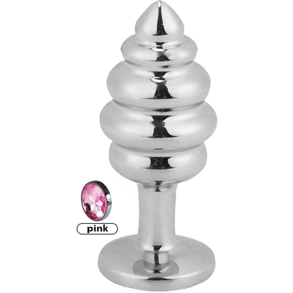 Erox Silver Medium Pembe Taşlı Boğumlu Anal Metal Plug