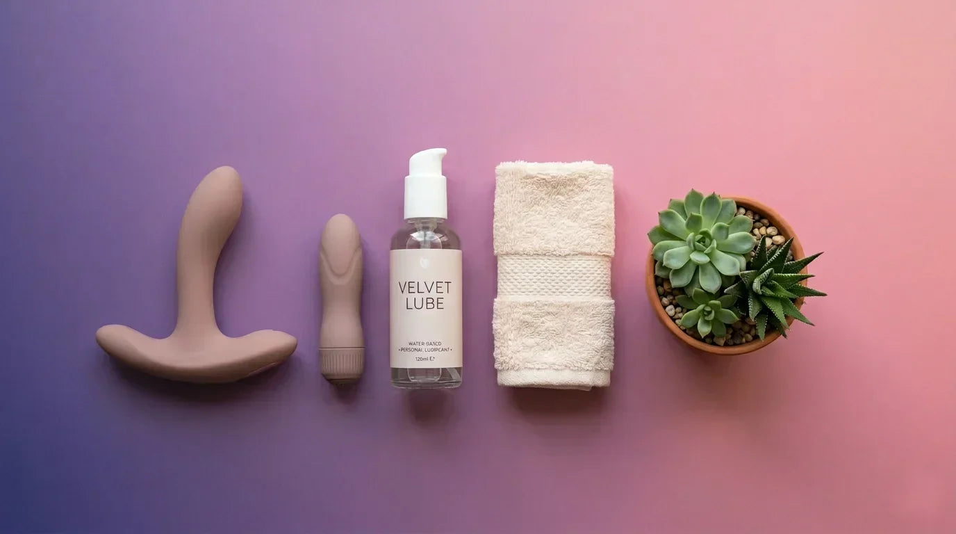 Yeni başlayanlar için vücut güvenli kişisel wellness ürünleri ve su bazlı kayganlaştırıcı içeren düzenli flat-lay