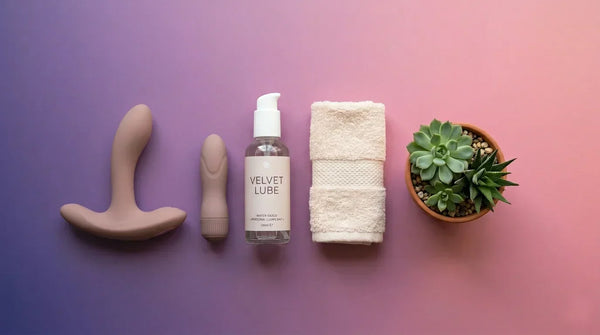 Yeni başlayanlar için vücut güvenli kişisel wellness ürünleri ve su bazlı kayganlaştırıcı içeren düzenli flat-lay