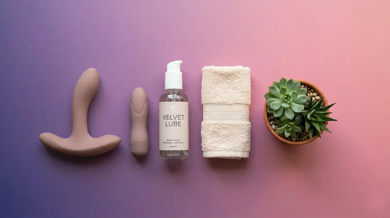 Yeni başlayanlar için vücut güvenli kişisel wellness ürünleri ve su bazlı kayganlaştırıcı içeren düzenli flat-lay