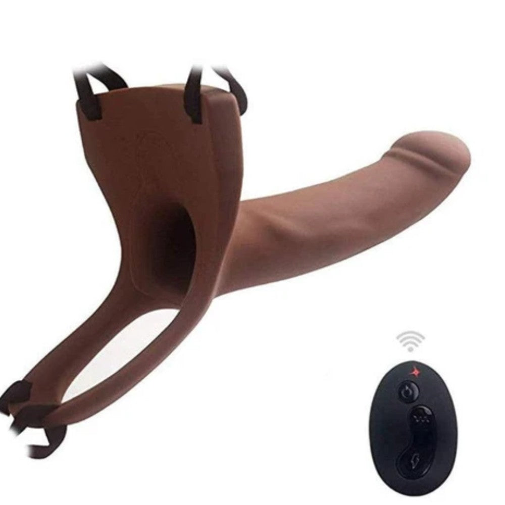 Aphrodisia Hollow Strap-On 17 cm İçi Boş Titreşimli Uzaktan Kumandalı Belden Bağlamalı Strap-on-Brown