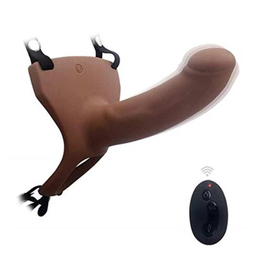 Aphrodisia Hollow Strap-On 17 cm İçi Boş Titreşimli Uzaktan Kumandalı Belden Bağlamalı Strap-on-Brown