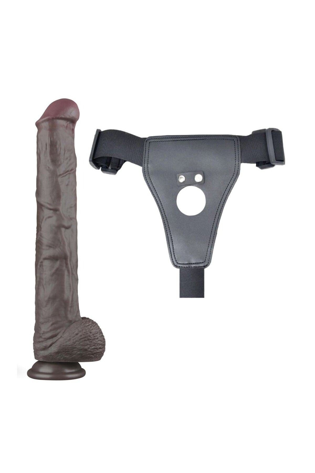 Lovetoy Belden Bağlamalı 37,5 cm Çift Katmanlı Bükülebilir Silikon Penis XXL (Siyah) Strap On Dildo