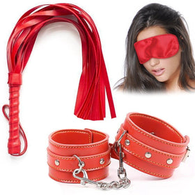 Erox Fetish Fantasy Series Cuffs 3 Pcs. Deri Fetiş Pozisyon Kelepçe Seti-Kırmızı
