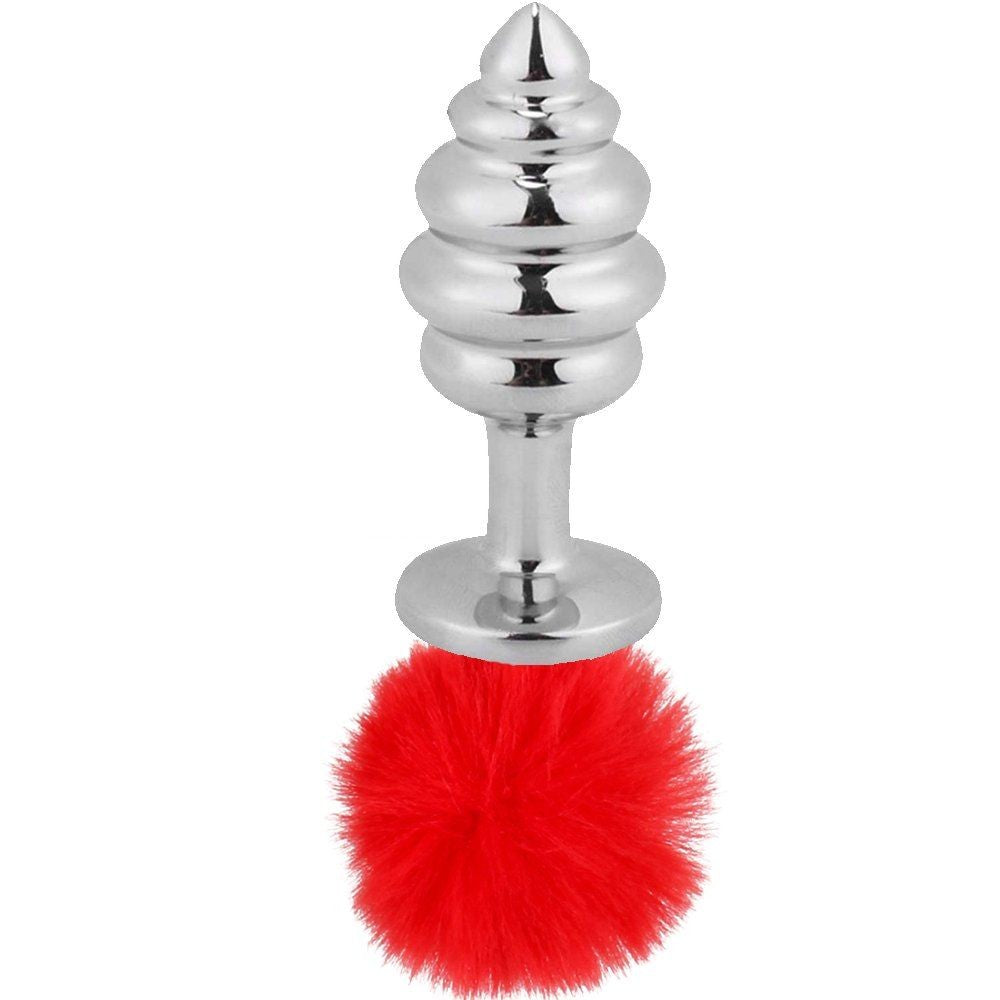 Erox Ribbed Boğumlu Kırmızı Peluş Çelik Anal Plug