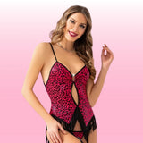 Erox Night Wear Ince Askılı Leopar Desenli Jartiyerli Seksi Gecelik