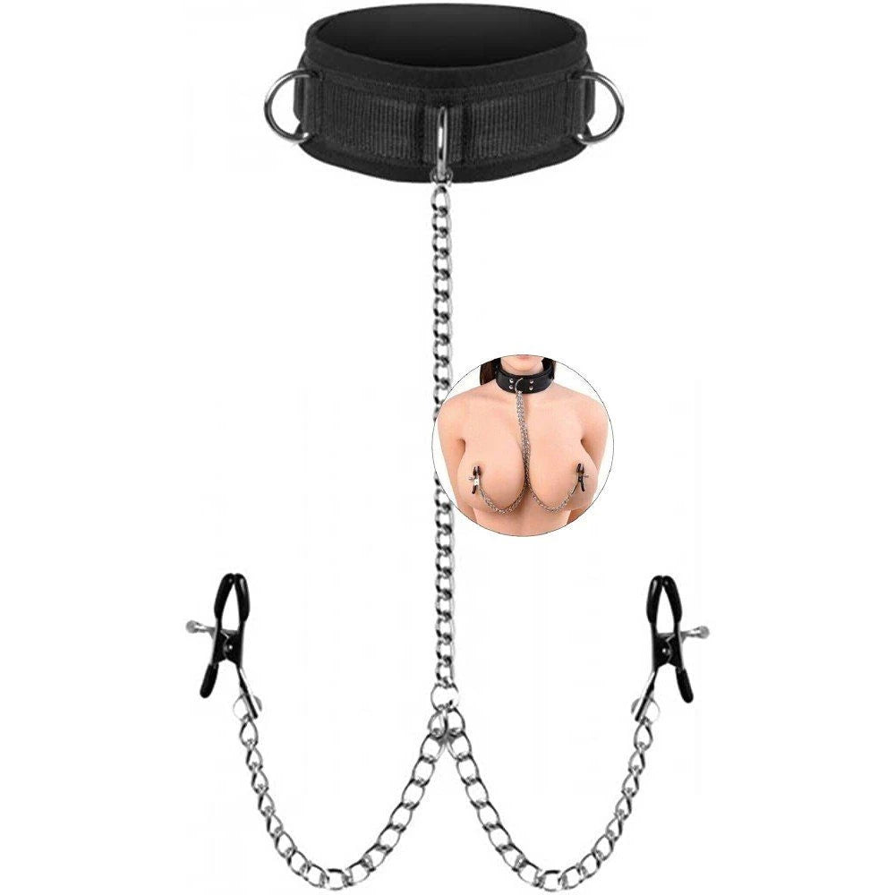 Erox Fetish Fantasy Series Collar With Nipple Clamps Zincirli Göğüs Klipsi