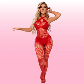 Erox She Fantasy Wear File Özel Bölgesi Açık Fantezi Vücut Çorabı-Red
