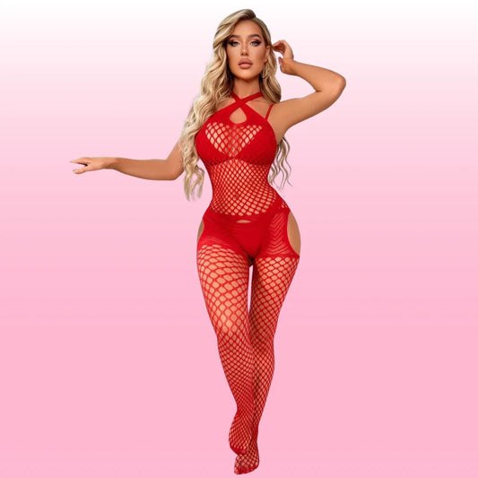 Erox She Fantasy Wear File Özel Bölgesi Açık Fantezi Vücut Çorabı-Red