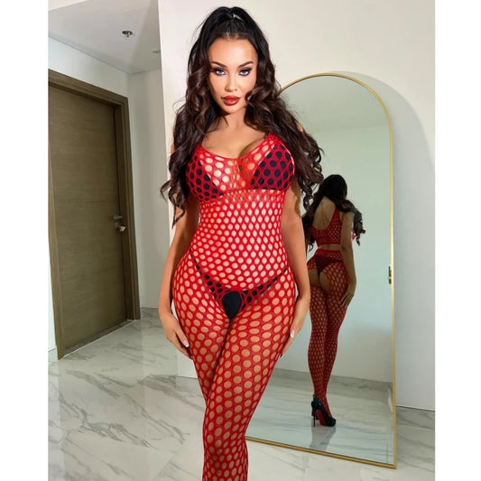 Erox Fantasy Wear Seksi Fileli Kırmızı Vücut Çorabı