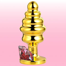 Erox The Anal Play Gold Ribbed Kırmızı Taşlı Boğumlu Metal Anal Plug-Medium