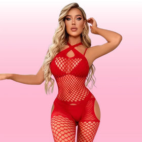 Erox She Fantasy Wear File Özel Bölgesi Açık Fantezi Vücut Çorabı-Red