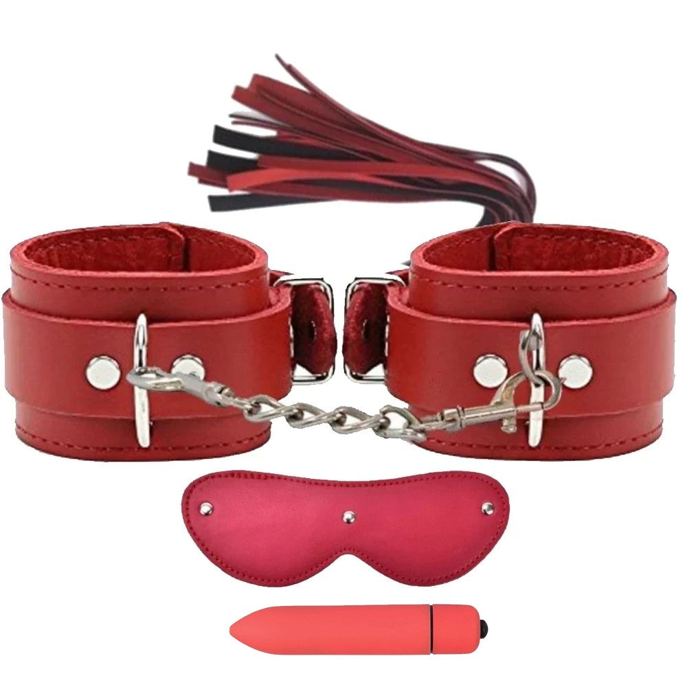 Erox Fetish Fantasy Series Cuffs Vibratörlü Deri Fetiş Pozisyon Kelepçe Seti-Kırmızı