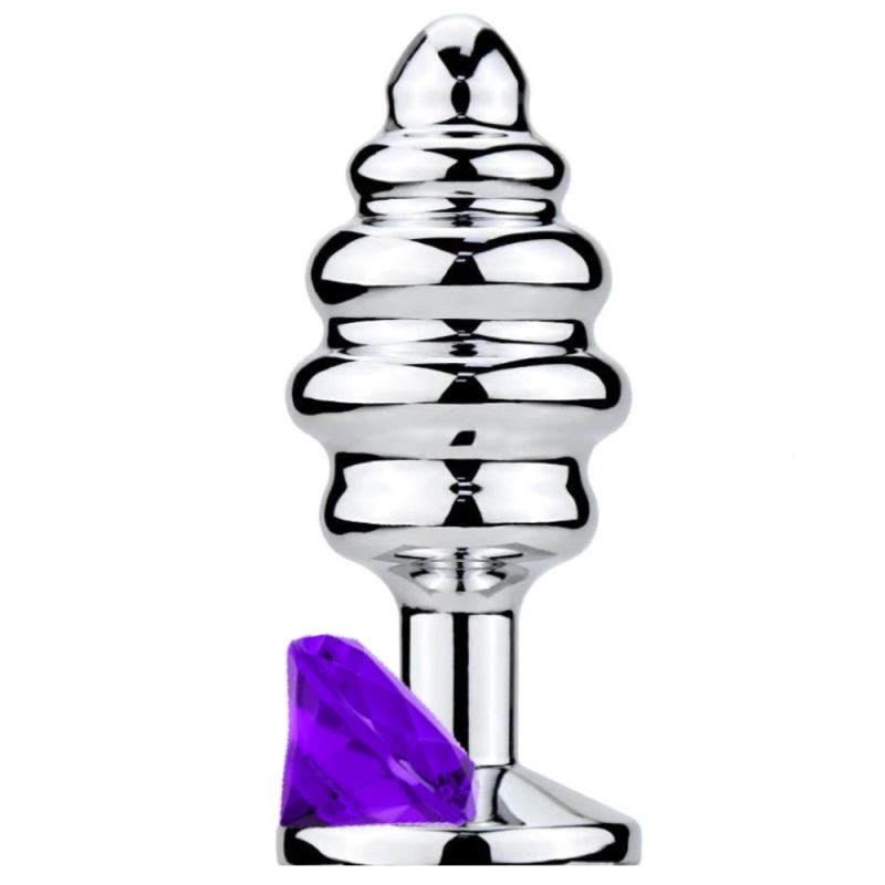 Sexual World Anal Play Large Silver Ribbed Taşlı Metal Anal Plug-Purple