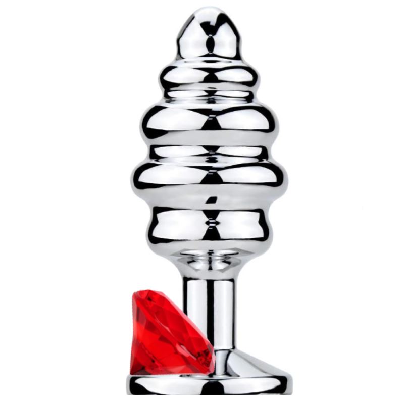 Sexual World Anal Play Large Silver Ribbed Taşlı Metal Anal Plug-Red