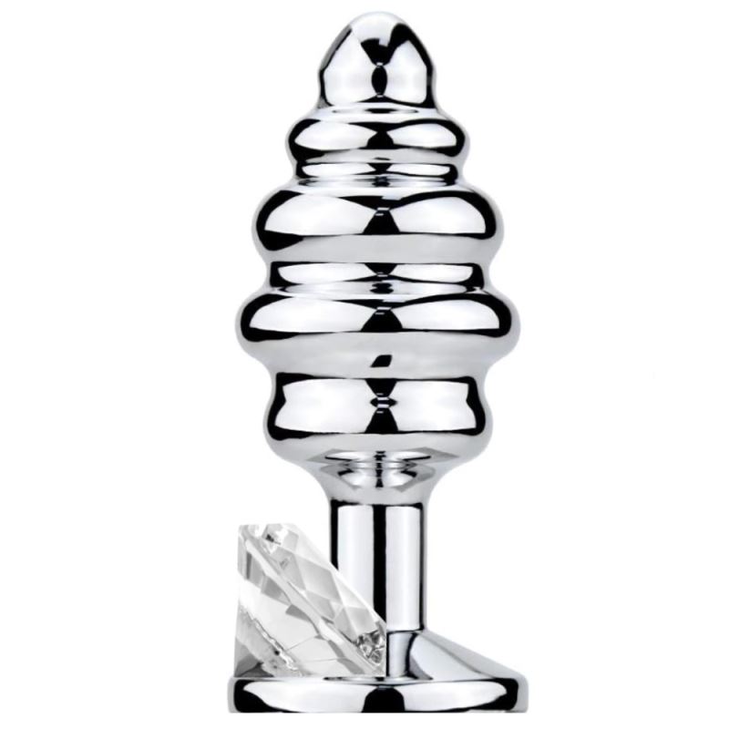 Sexual World Anal Play Large Silver Ribbed Taşlı Metal Anal Plug-White