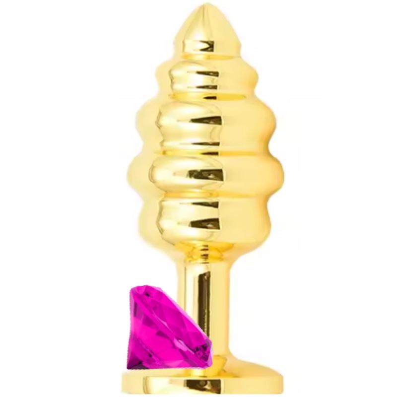 Sexual World Anal Play Medium Gold Ribbed Taşlı Metal Anal Plug-Pink