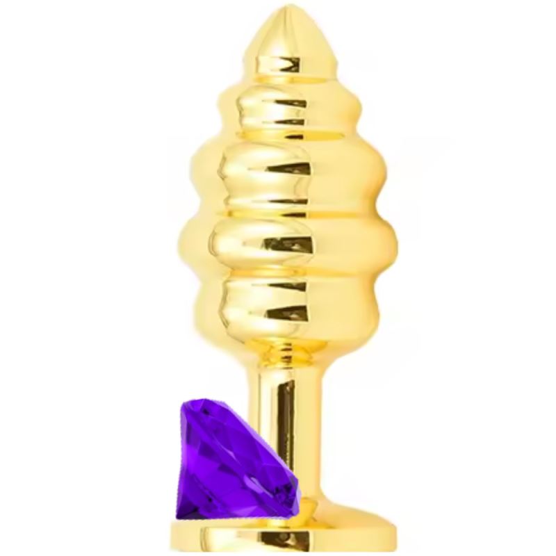 Sexual World Anal Play Medium Gold Ribbed Taşlı Metal Anal Plug-Purple