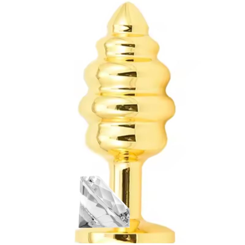 Sexual World Anal Play Medium Gold Ribbed Taşlı Metal Anal Plug-White