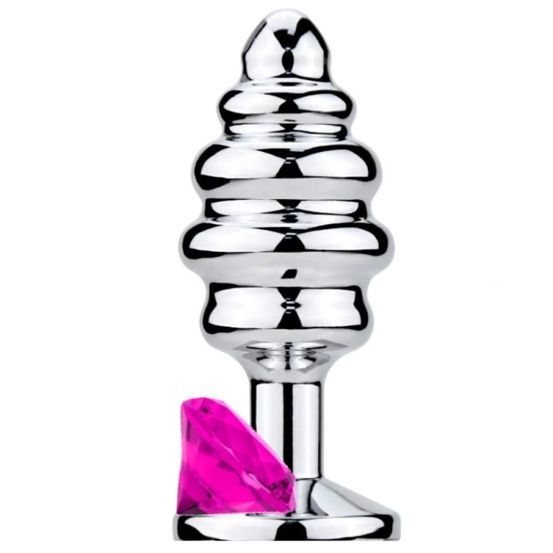 Sexual World Anal Play Medium Silver Ribbed Taşlı Metal Anal Plug-Pink