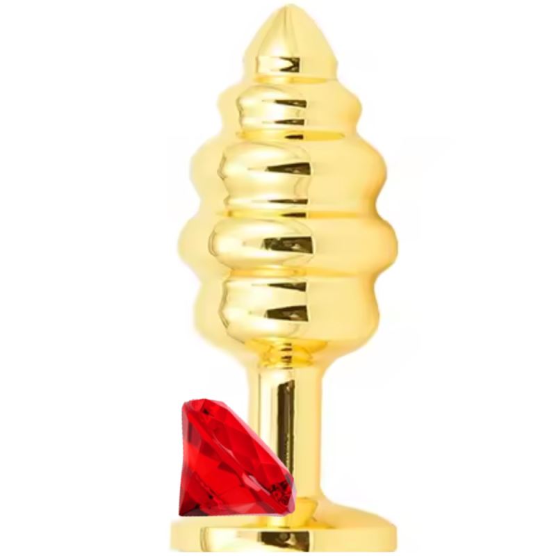 Sexual World Anal Play Small Gold Ribbed Taşlı Metal Anal Plug-Red