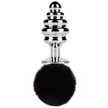 Sexual World Anal Play Small Silver Ribbed Kuyruklu Metal Anal Plug-Black