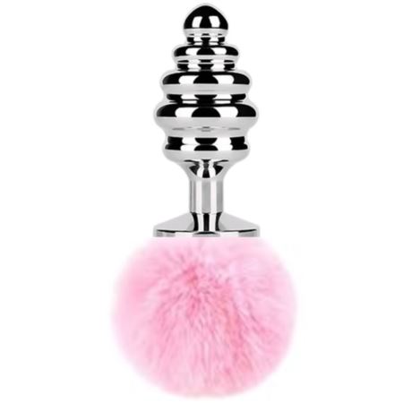 Sexual World Anal Play Small Silver Ribbed Kuyruklu Metal Anal Plug-Pink