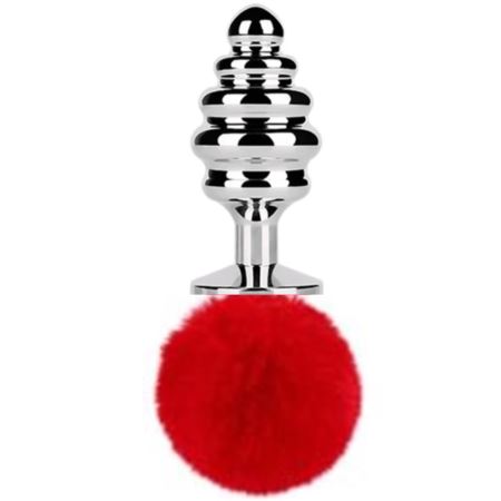 Sexual World Anal Play Small Silver Ribbed Kuyruklu Metal Anal Plug-Red