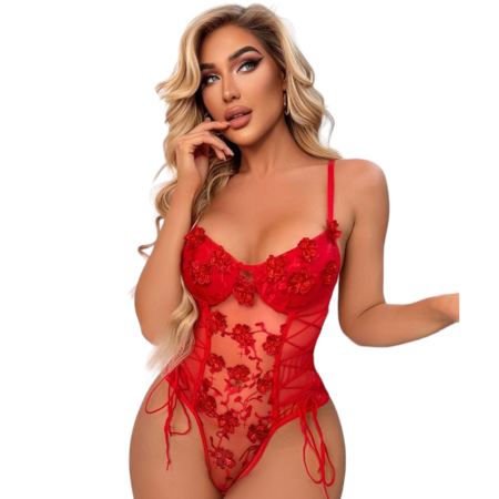 Sexual World Lingerie Dreams Çiçekli Bodysuit Seksi Gecelik-Kırmızı