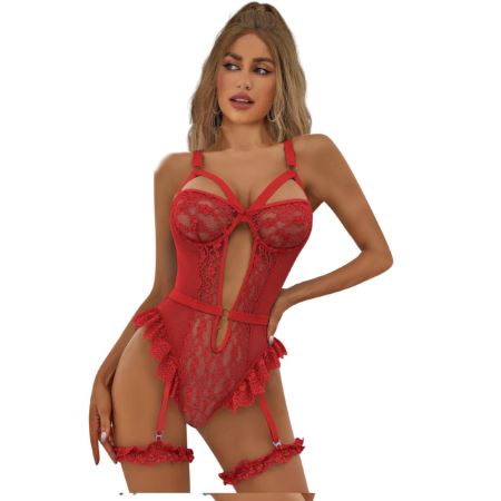 Sexual World Strappy Lingerie Set Dantel Detay Seksi Gecelik-Kırmızı