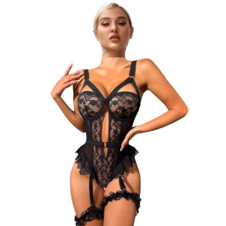 Sexual World Strappy Lingerie Set Dantel Detay Seksi Gecelik-Siyah